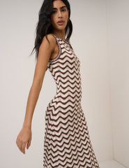 Cream And Brown Pointelle Knitted Midi Dress