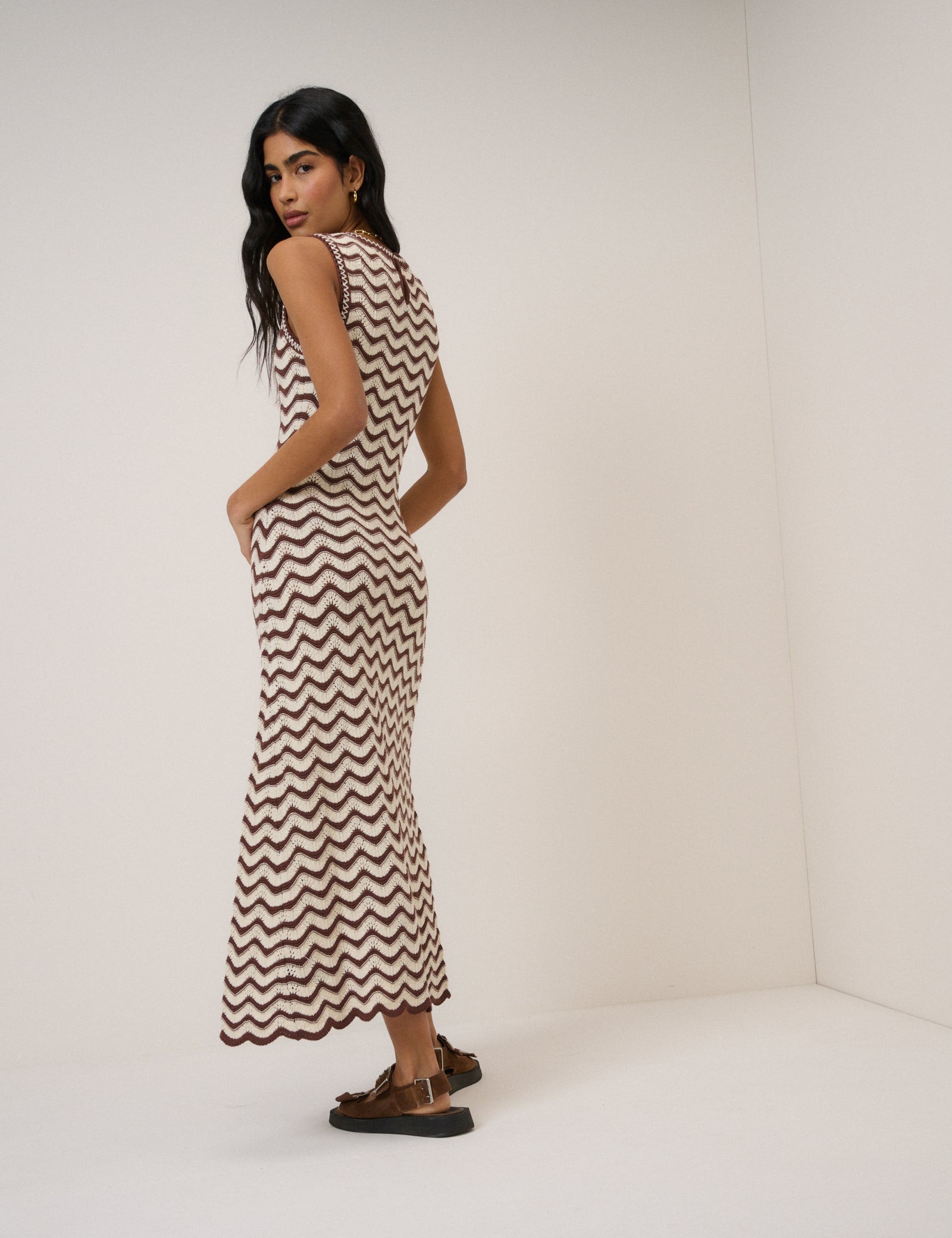 Cream And Brown Pointelle Knitted Midi Dress