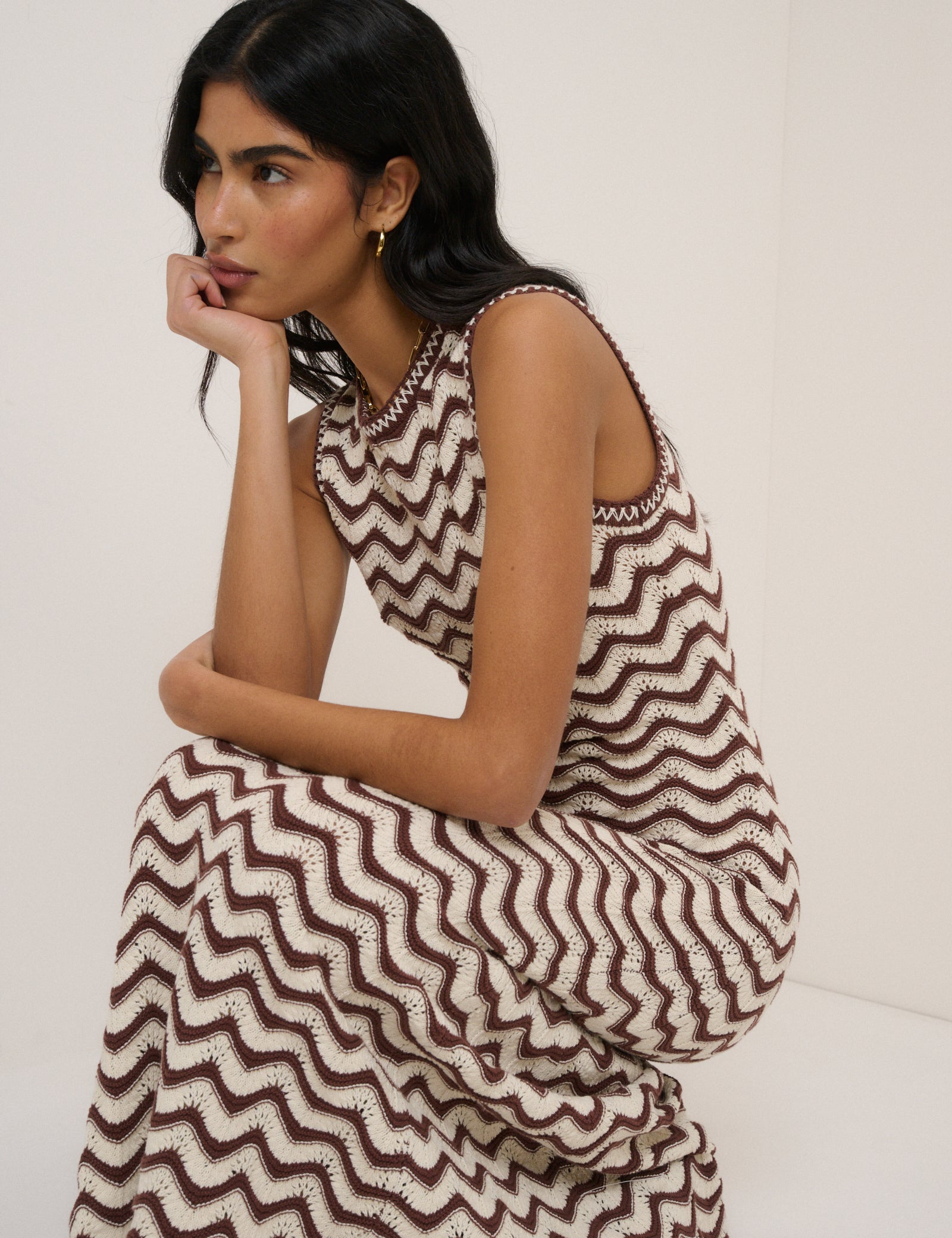 Cream And Brown Pointelle Knitted Midi Dress