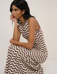 Cream And Brown Pointelle Knitted Midi Dress