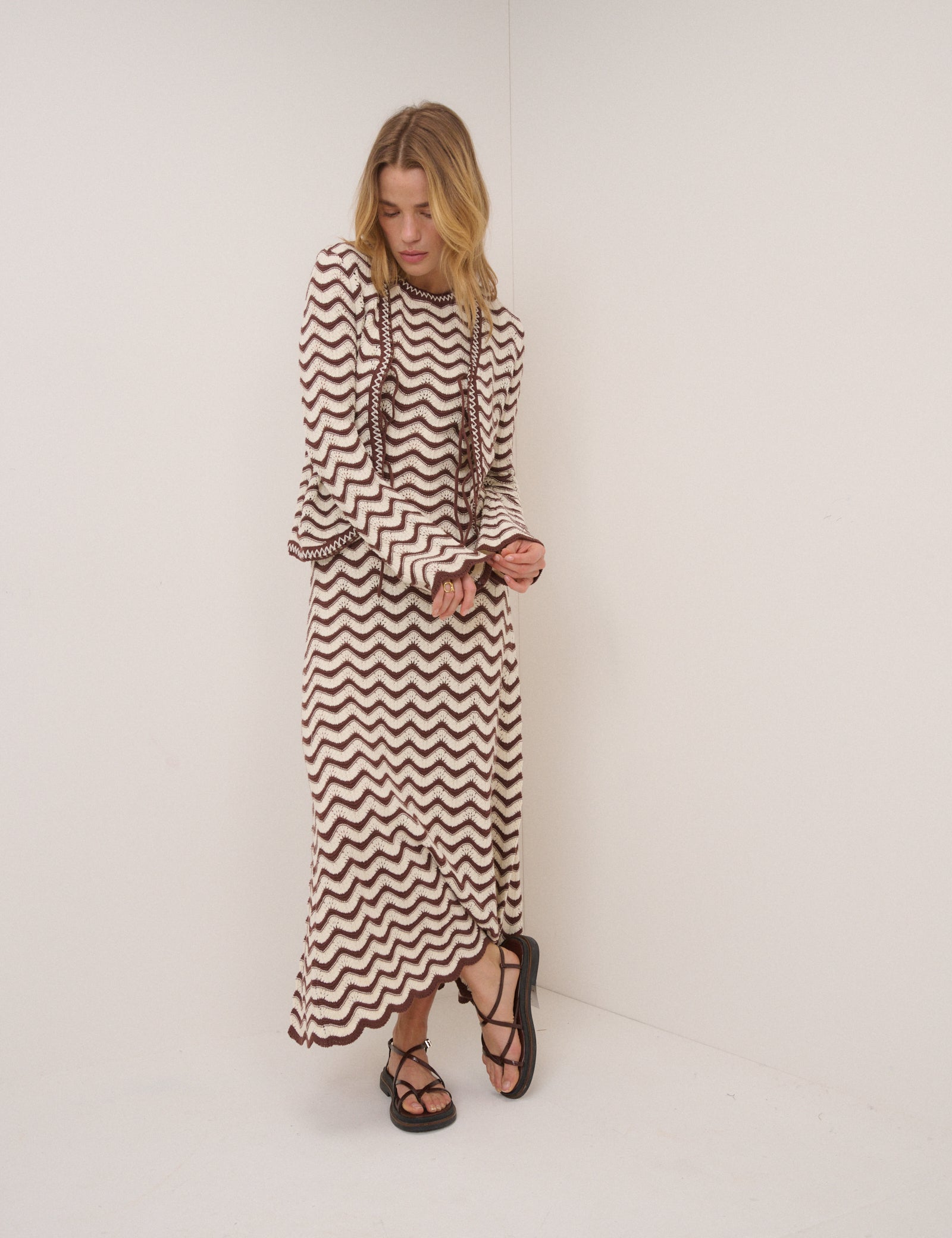 Cream And Brown Pointelle Knitted Midi Dress