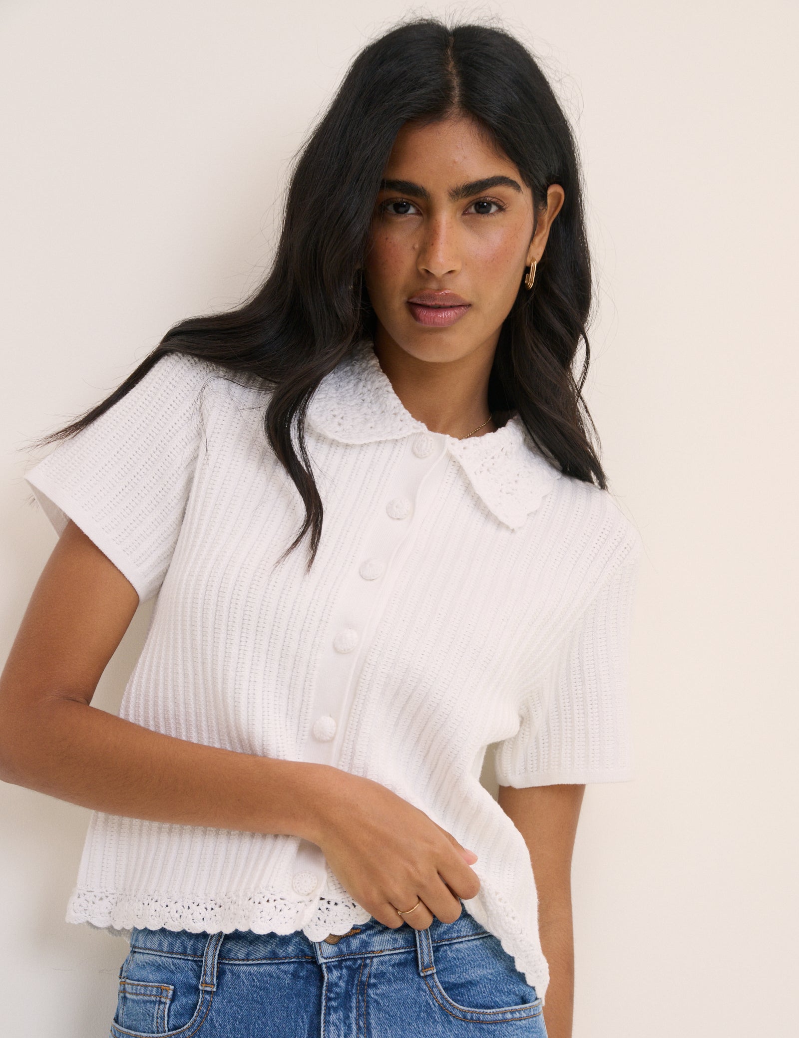 White Crochet Short Sleeve Cardigan