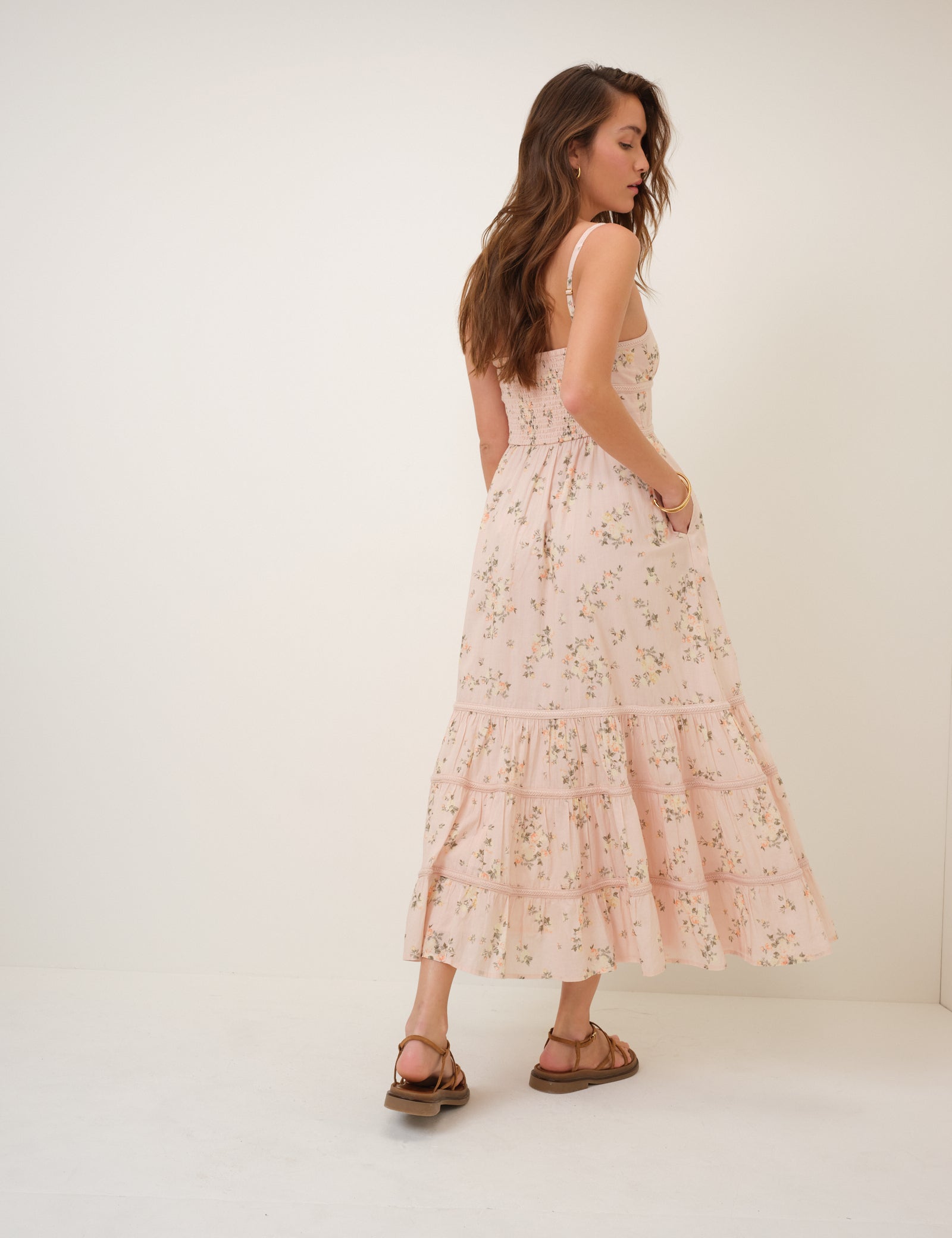 Pink Floral Tiered Veronica Midi Dress