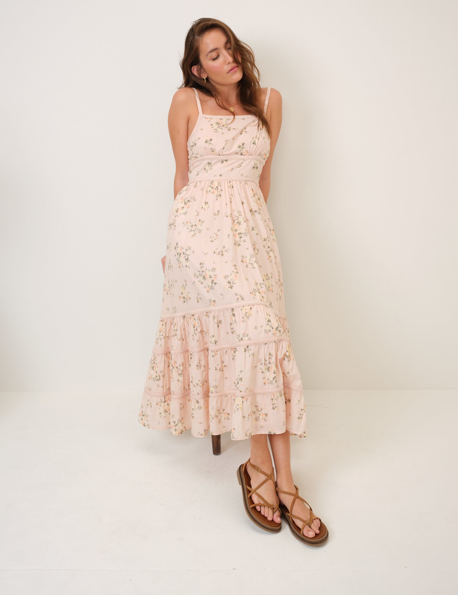 Pink Floral Tiered Veronica Midi Dress