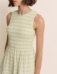 Green Checked Shirred Sleeveless Charlie Midi Dress