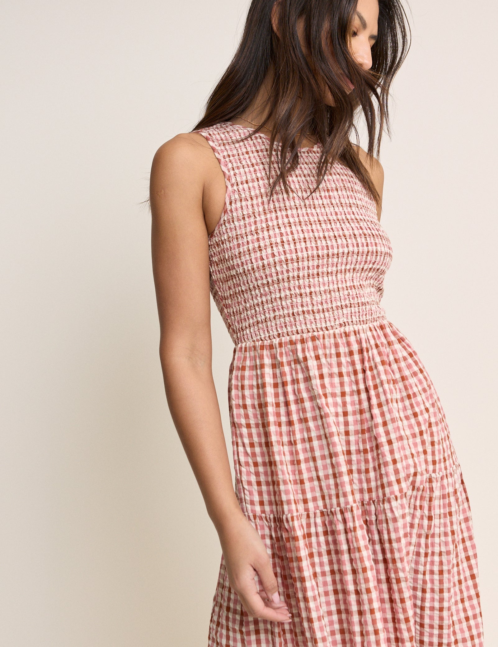 Pink and Red Gingham Shirred Charlie Midi Dress