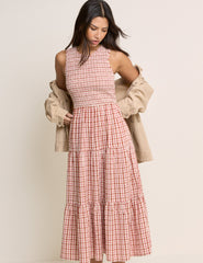 Pink and Red Gingham Shirred Charlie Midi Dress