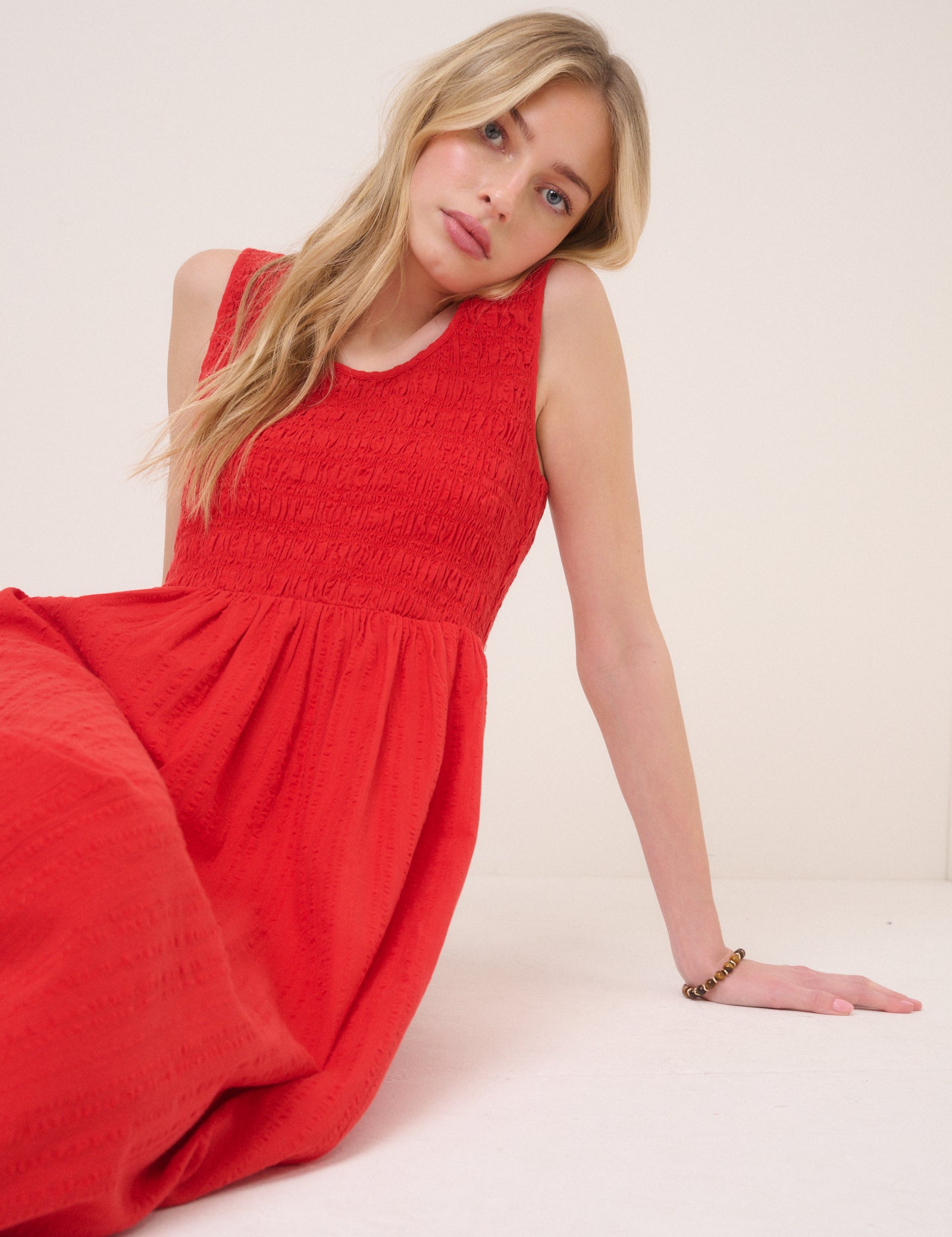 Red Shirred Sleeveless Kinsley Midi Dress
