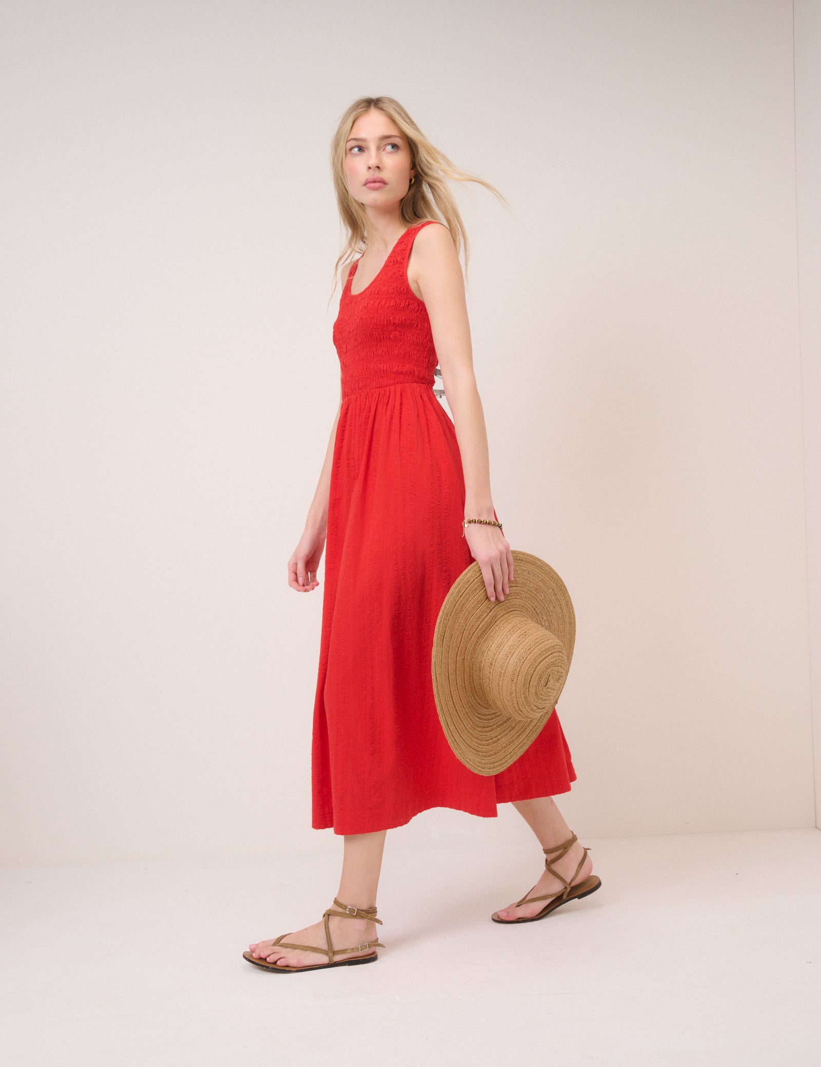 Red Shirred Sleeveless Kinsley Midi Dress