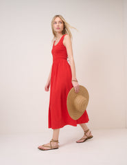 Red Shirred Sleeveless Kinsley Midi Dress