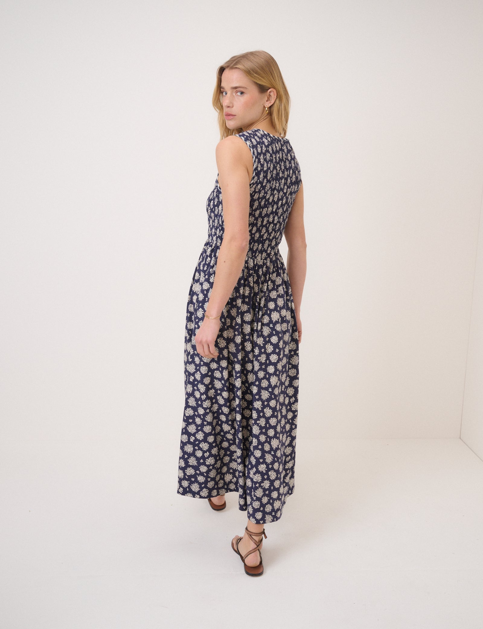 Navy Floral Shirred Kinsley Midi Dress