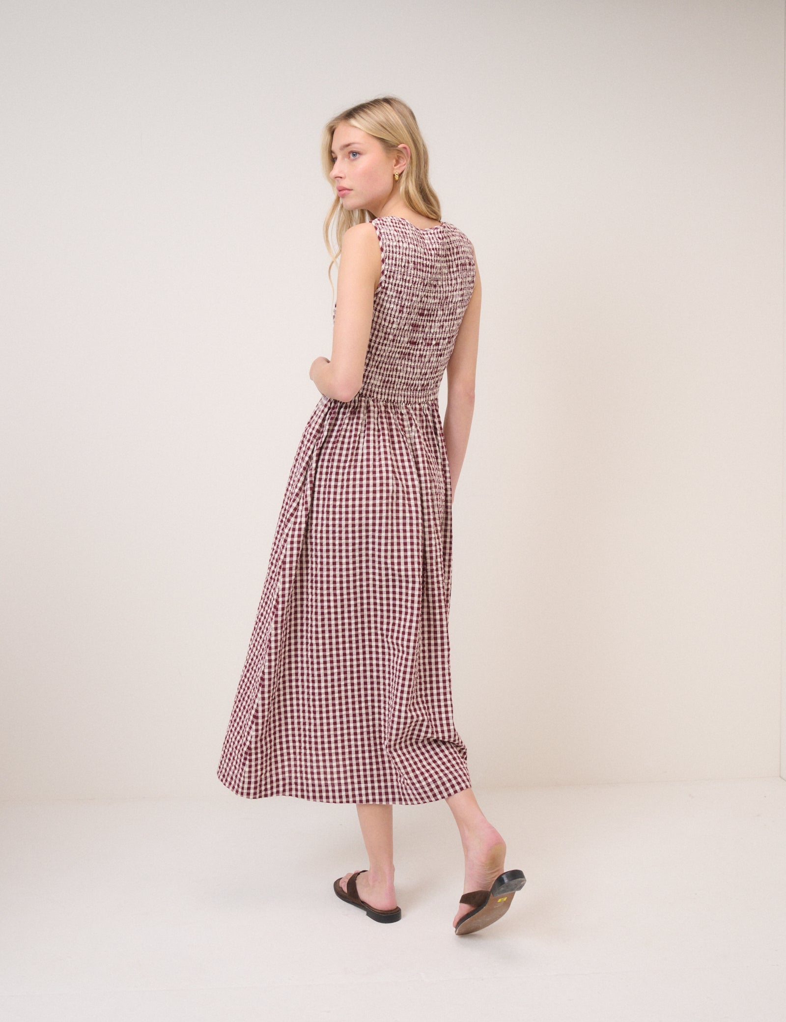 Burgundy Gingham Shirred Kinsley Midi Dress