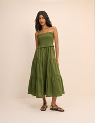 Khaki Shirred Bandeau Tiered Eva Midi Dress