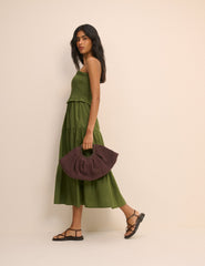 Khaki Shirred Bandeau Tiered Eva Midi Dress