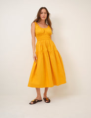 Yellow Shirred Scoop Neck Juliette Midi Dress