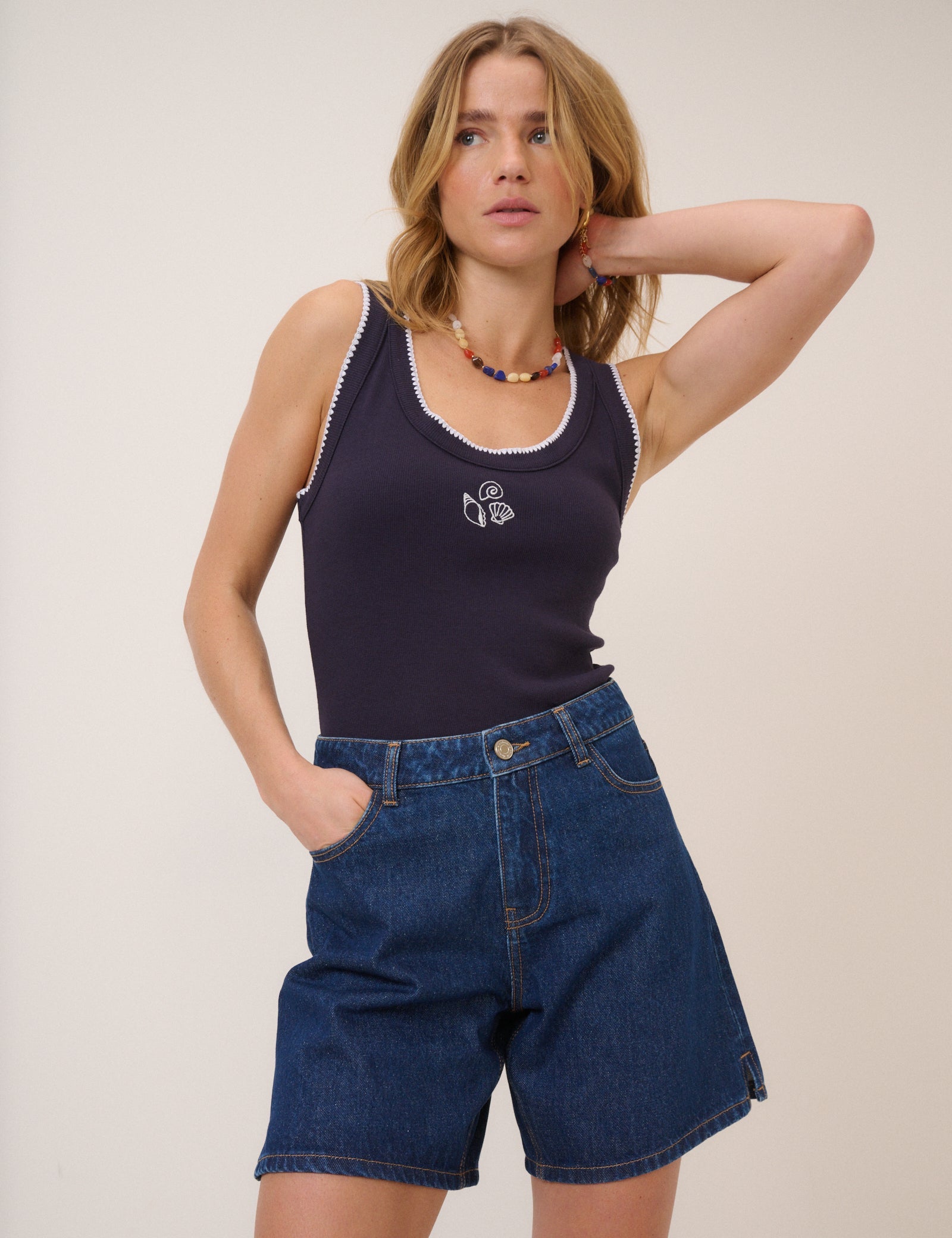 Navy Shell Embroidered Whipstitch Vest