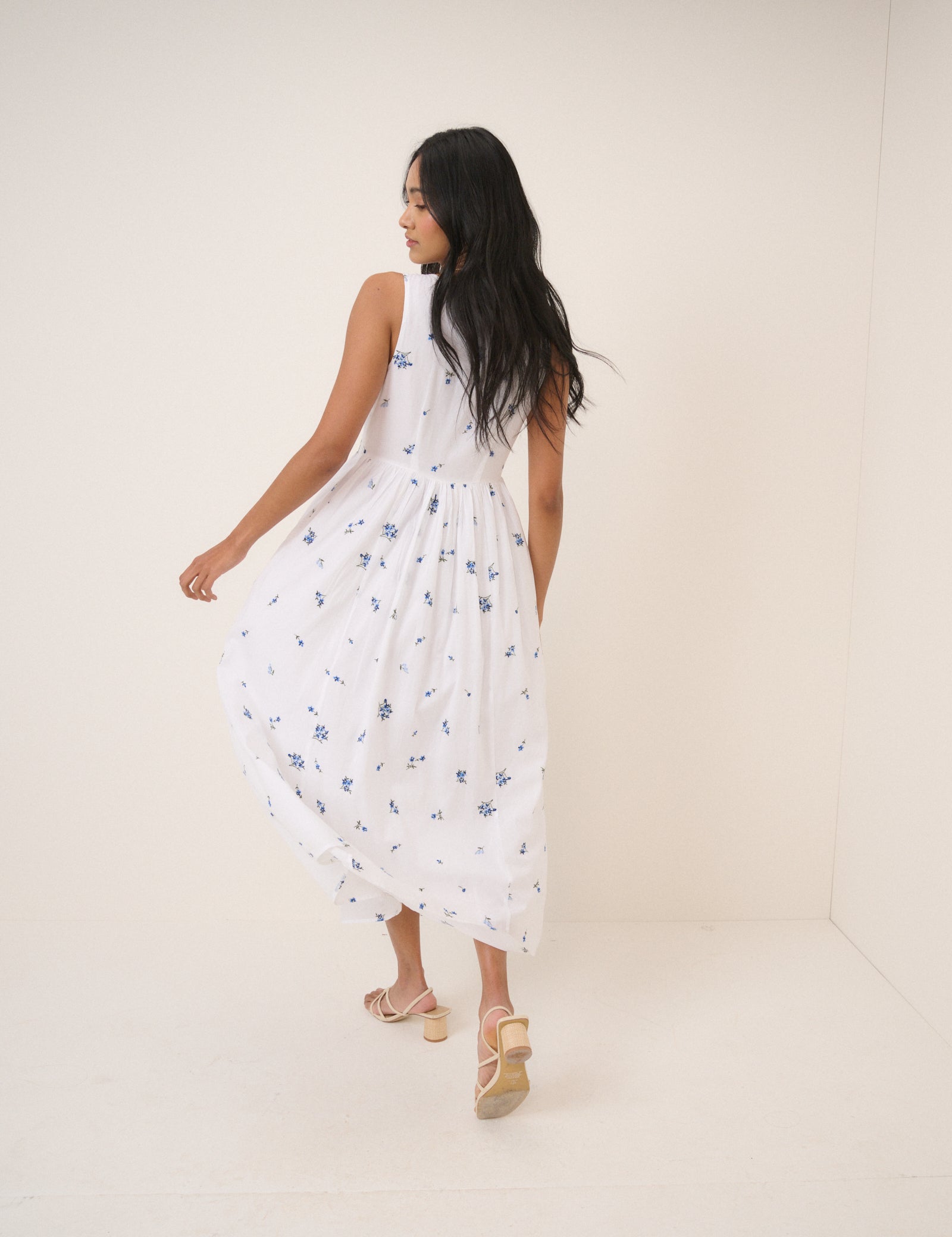 White Floral Drop Waist Cora Midi Dress