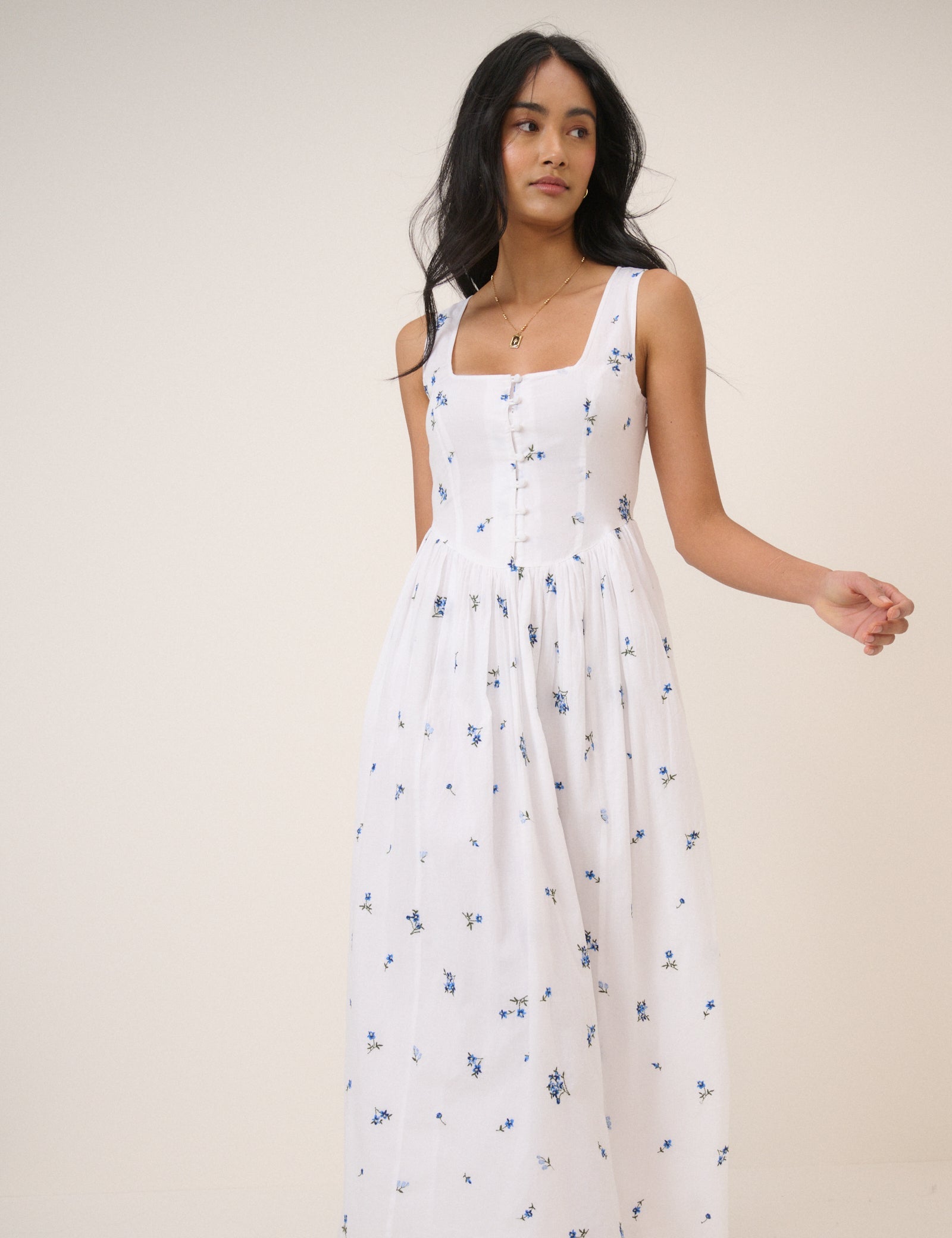 White Floral Drop Waist Cora Midi Dress