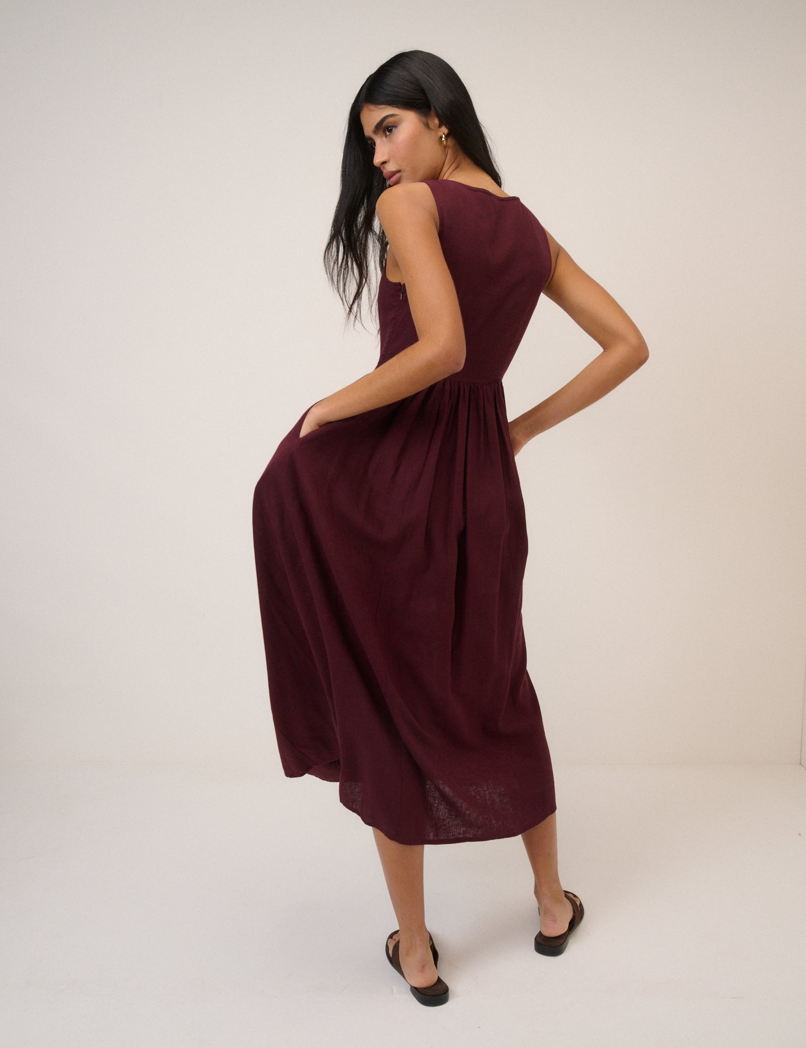 Plum Linen-Blend Drop Waist Cora Midi Dress