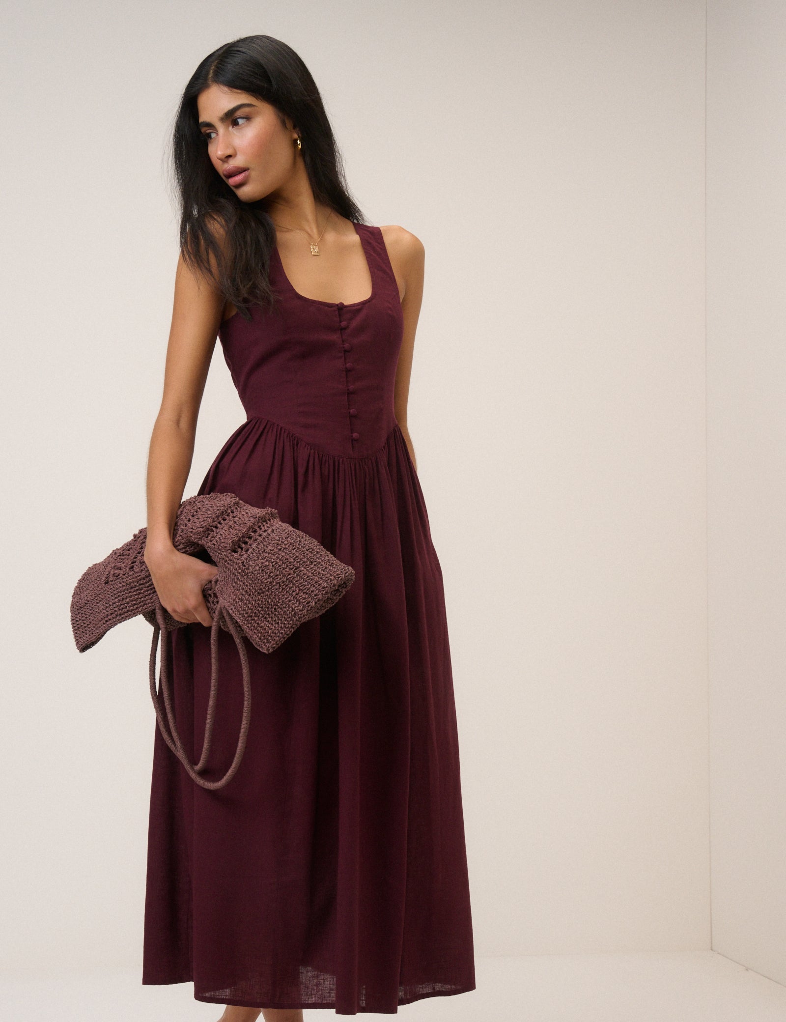 Plum Linen-Blend Drop Waist Cora Midi Dress
