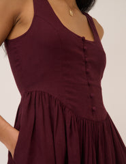 Plum Linen-Blend Drop Waist Cora Midi Dress