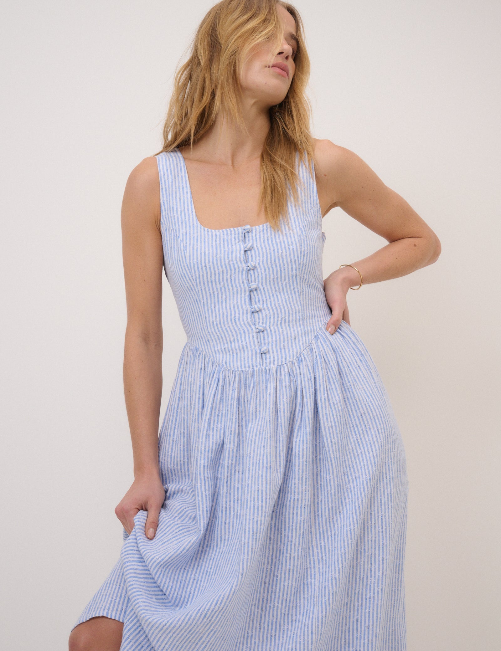 Blue Pinstripe Linen-Blend Drop Waist Cora Midi Dress