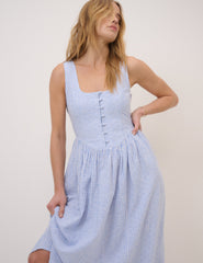 Blue Pinstripe Linen-Blend Drop Waist Cora Midi Dress