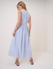 Blue Pinstripe Linen-Blend Drop Waist Cora Midi Dress