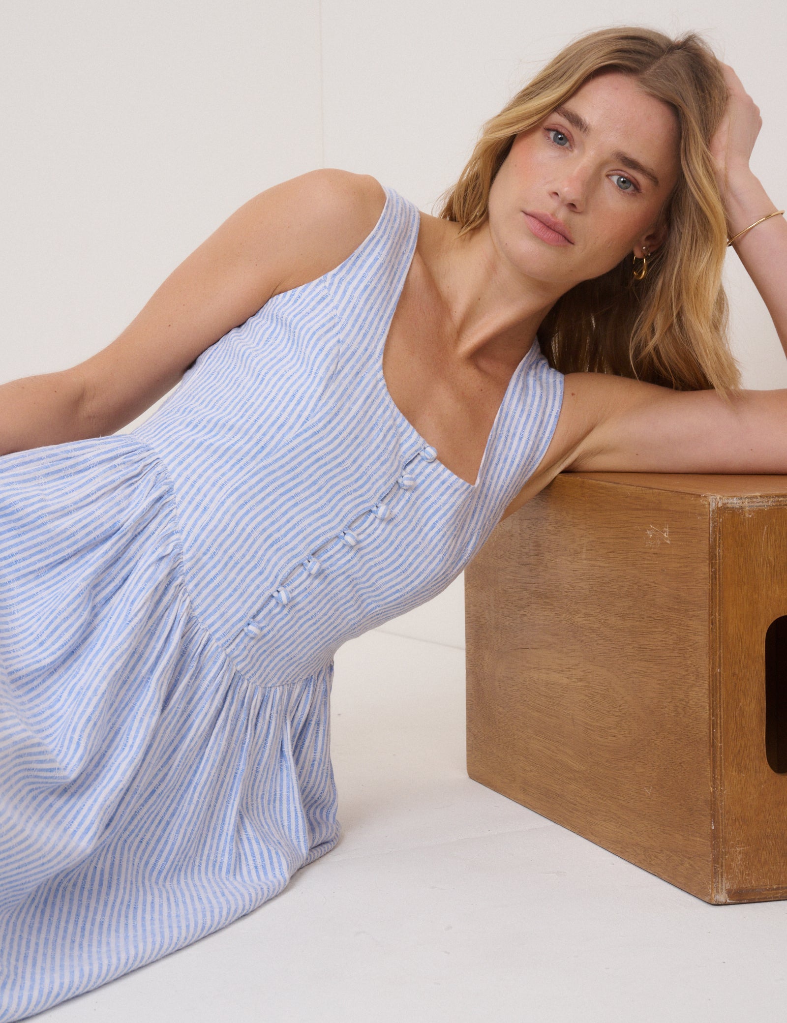 Blue Pinstripe Linen-Blend Drop Waist Cora Midi Dress
