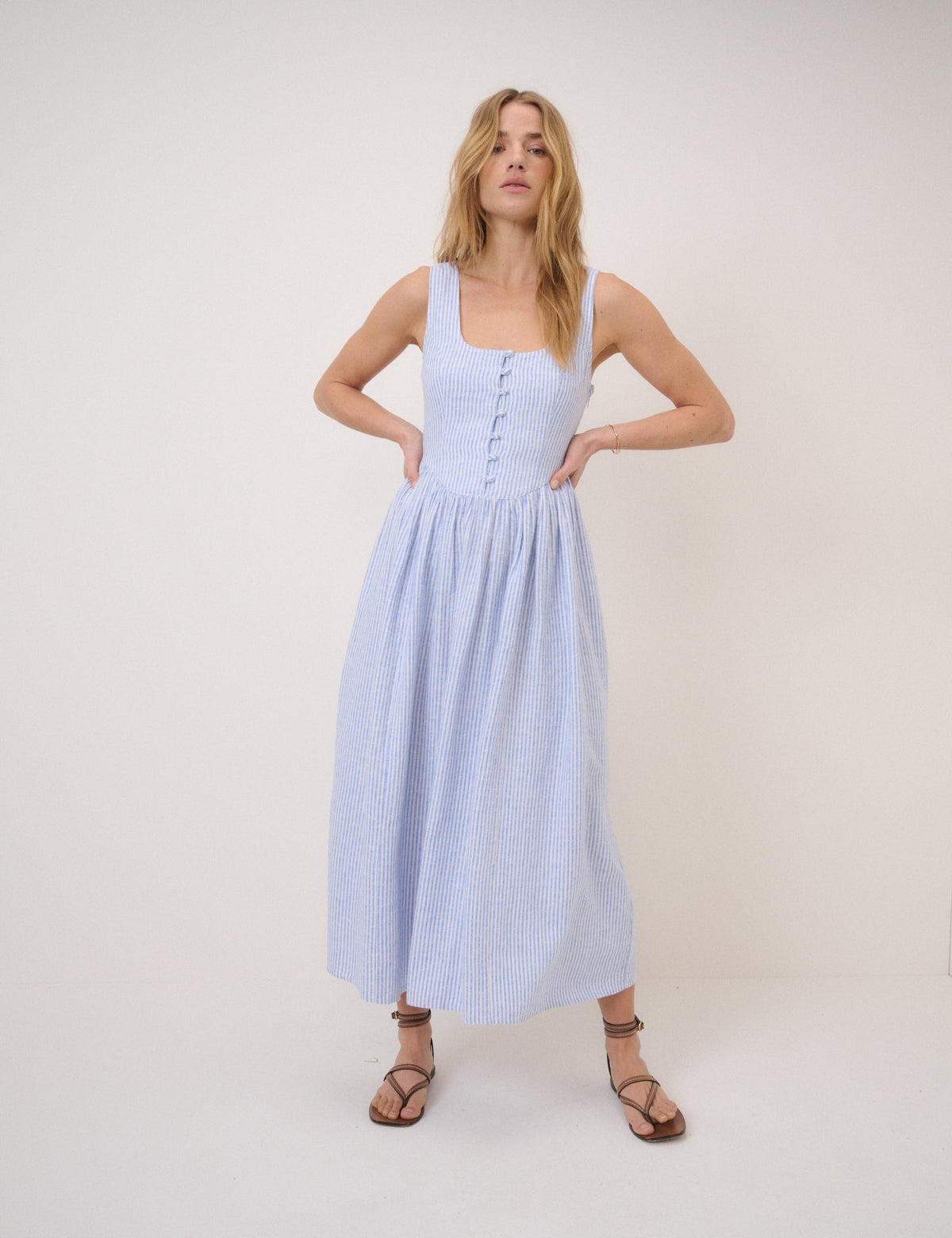 Blue Pinstripe Linen-Blend Drop Waist Cora Midi Dress