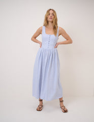 Blue Pinstripe Linen-Blend Drop Waist Cora Midi Dress