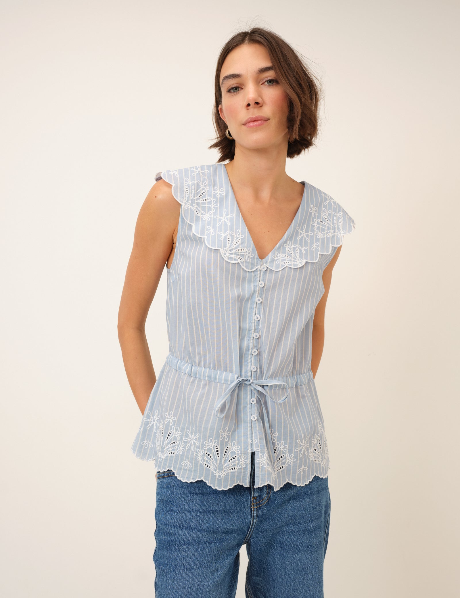 Light Blue Pinstripe Broderie Collar Simona Top