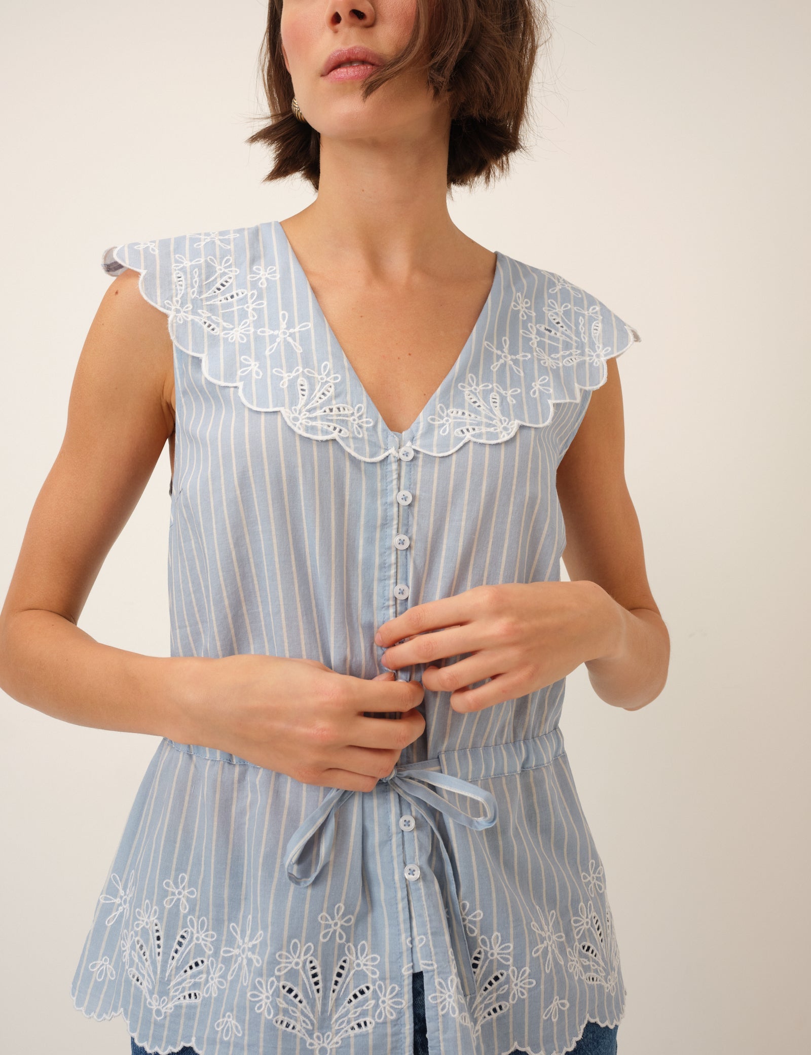 Light Blue Pinstripe Broderie Collar Simona Top