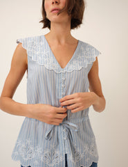Light Blue Pinstripe Broderie Collar Simona Top