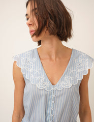 Light Blue Pinstripe Broderie Collar Simona Top