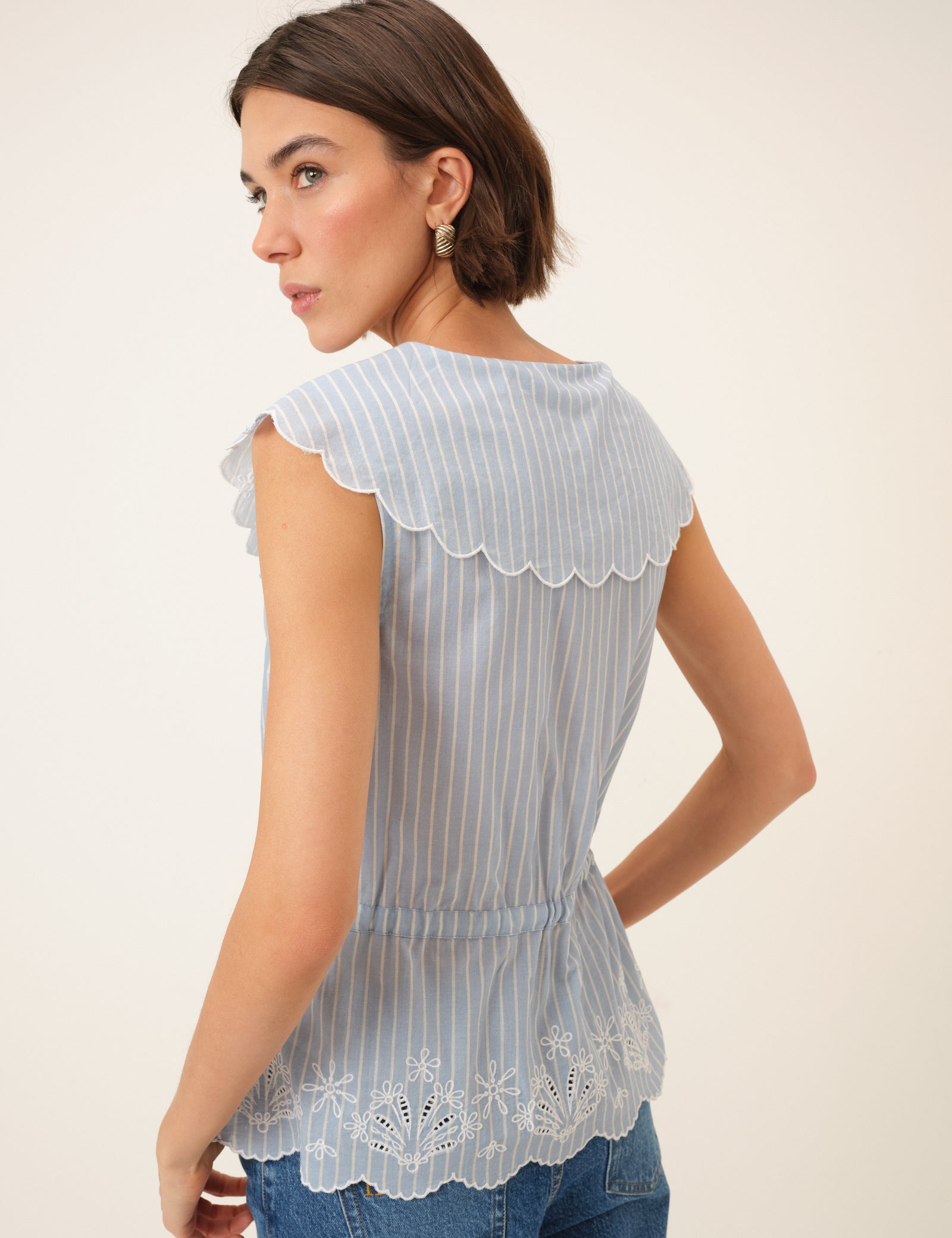 Light Blue Pinstripe Broderie Collar Simona Top