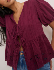 Burgundy Floral Broderie Anglaise Blouse