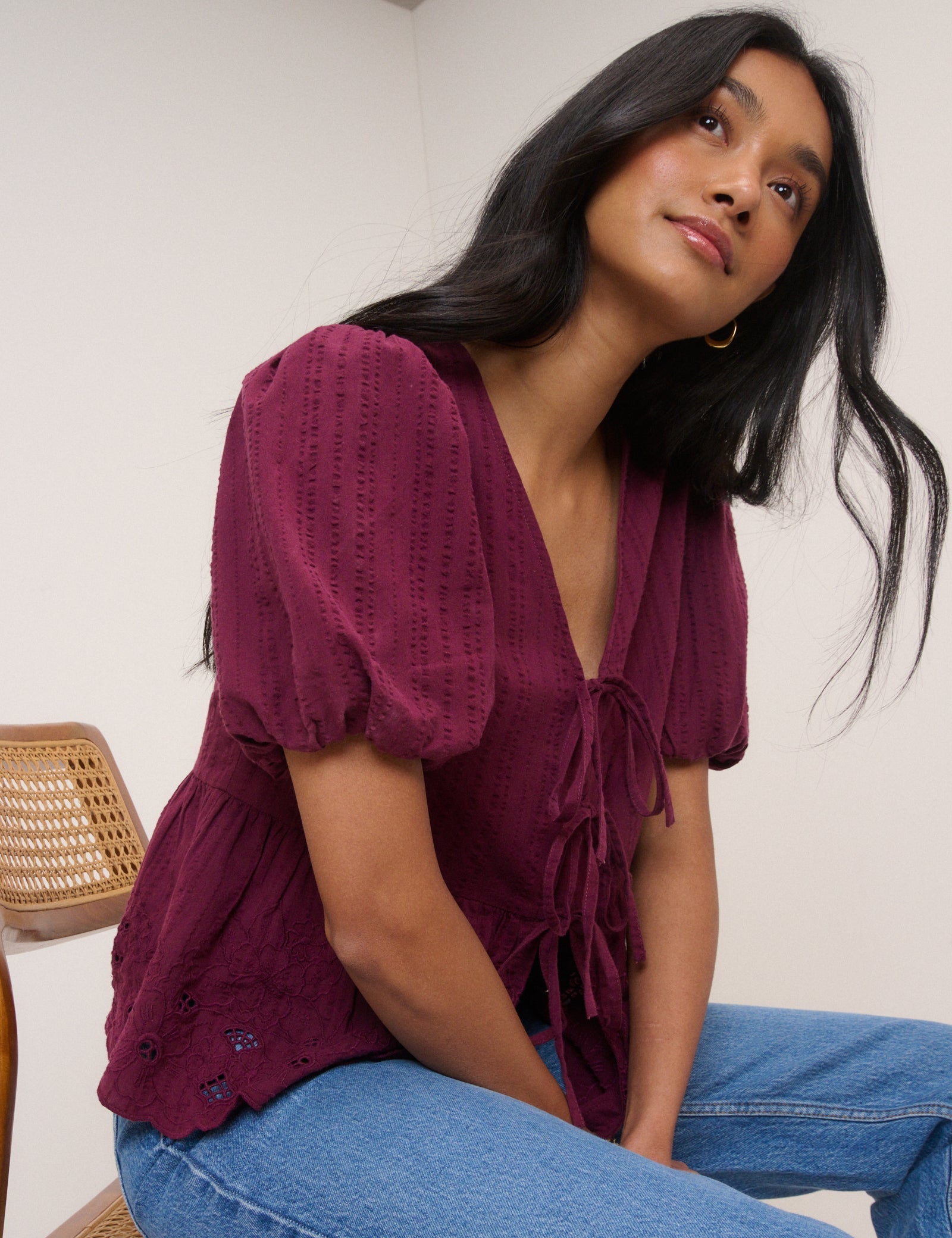Burgundy Floral Broderie Anglaise Blouse