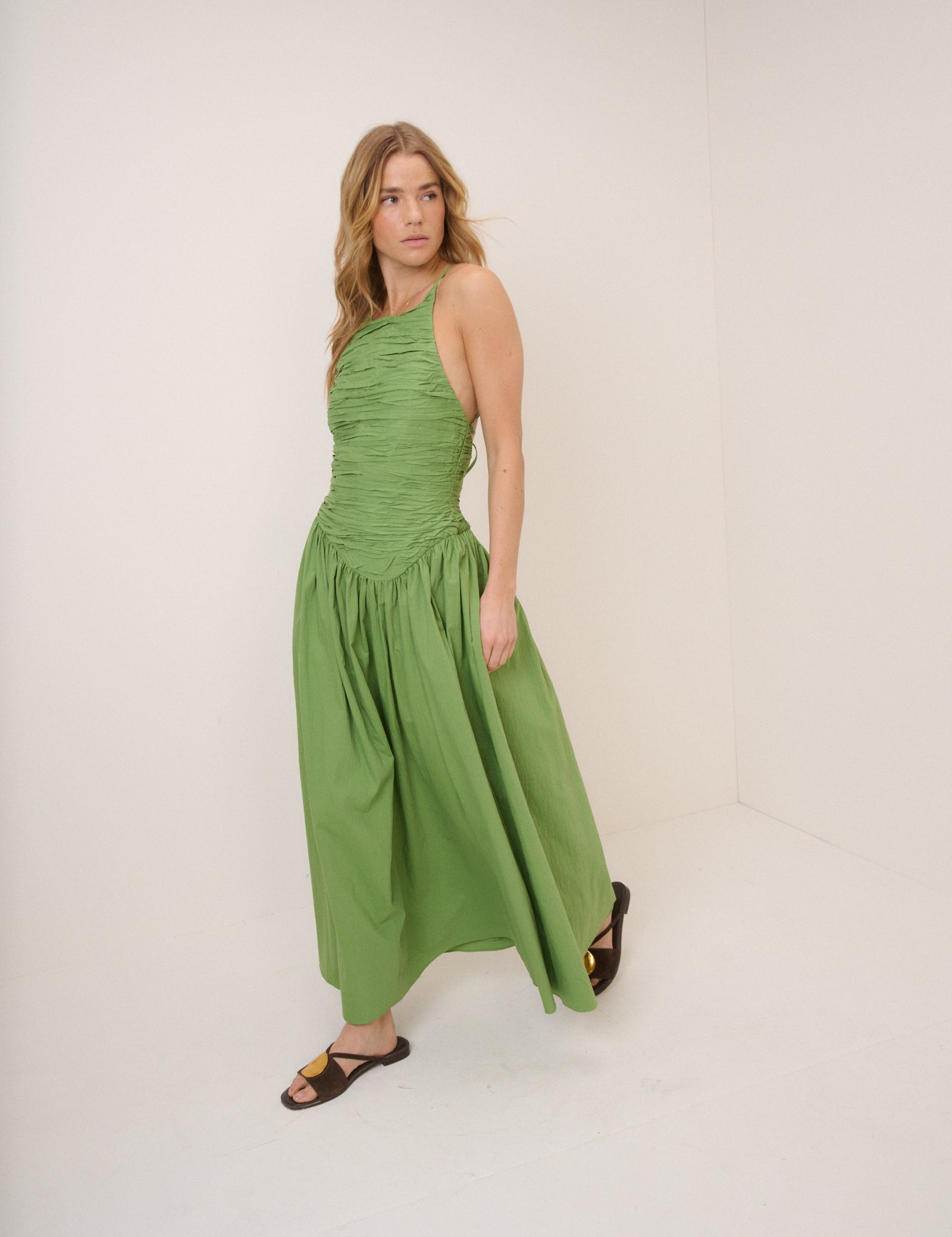 Green Pleated Rosabel Midi Dress
