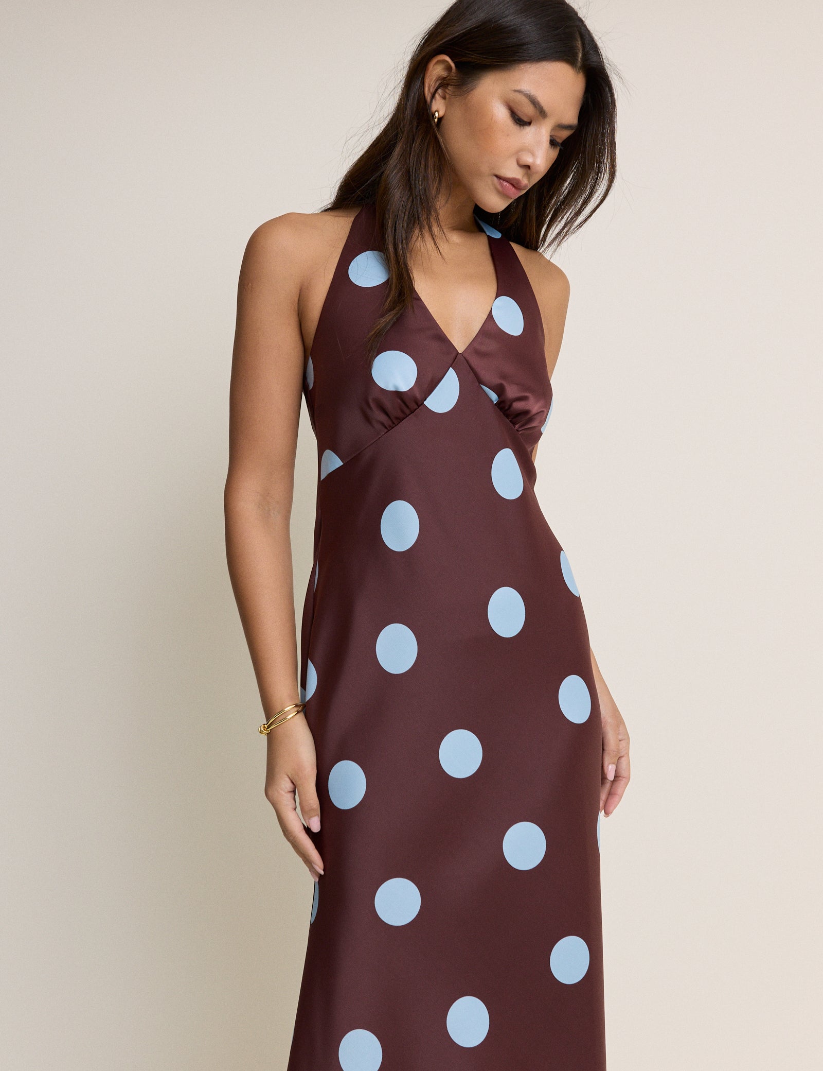 Brown Polka Dot Cali Halterneck Maxi Dress