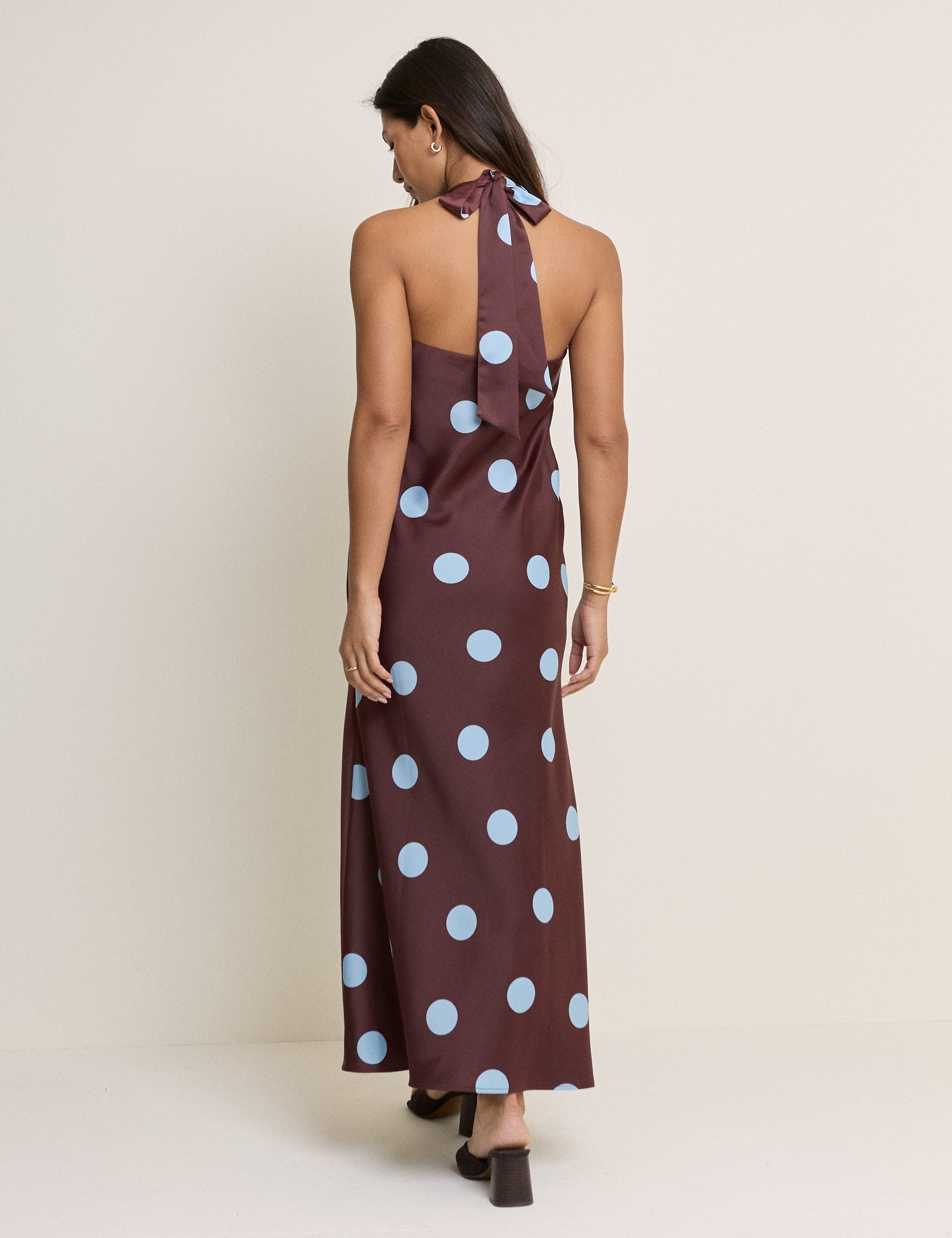 Brown Polka Dot Cali Halterneck Maxi Dress