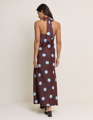 Brown Polka Dot Cali Halterneck Maxi Dress
