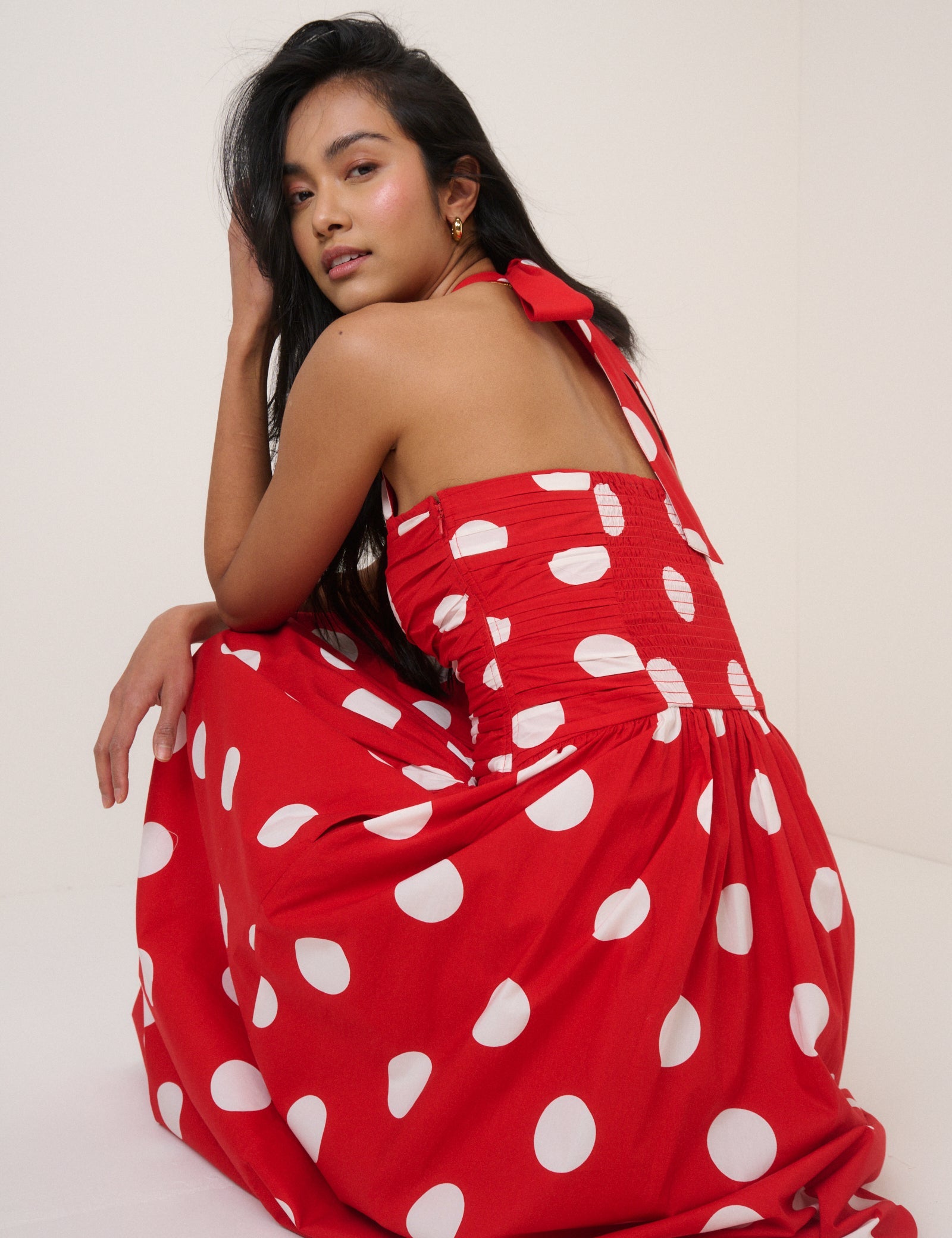 Red Polka Dot Halterneck Lilah Midi Dress