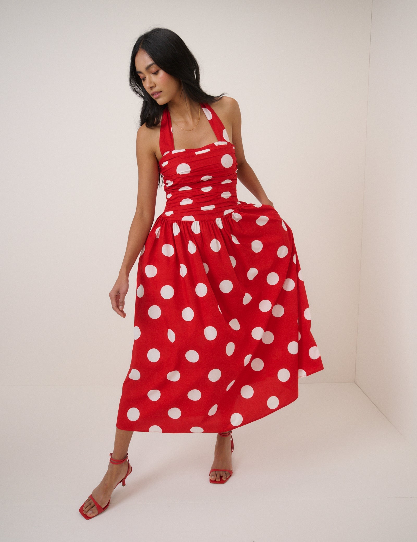 Red Polka Dot Halterneck Lilah Midi Dress