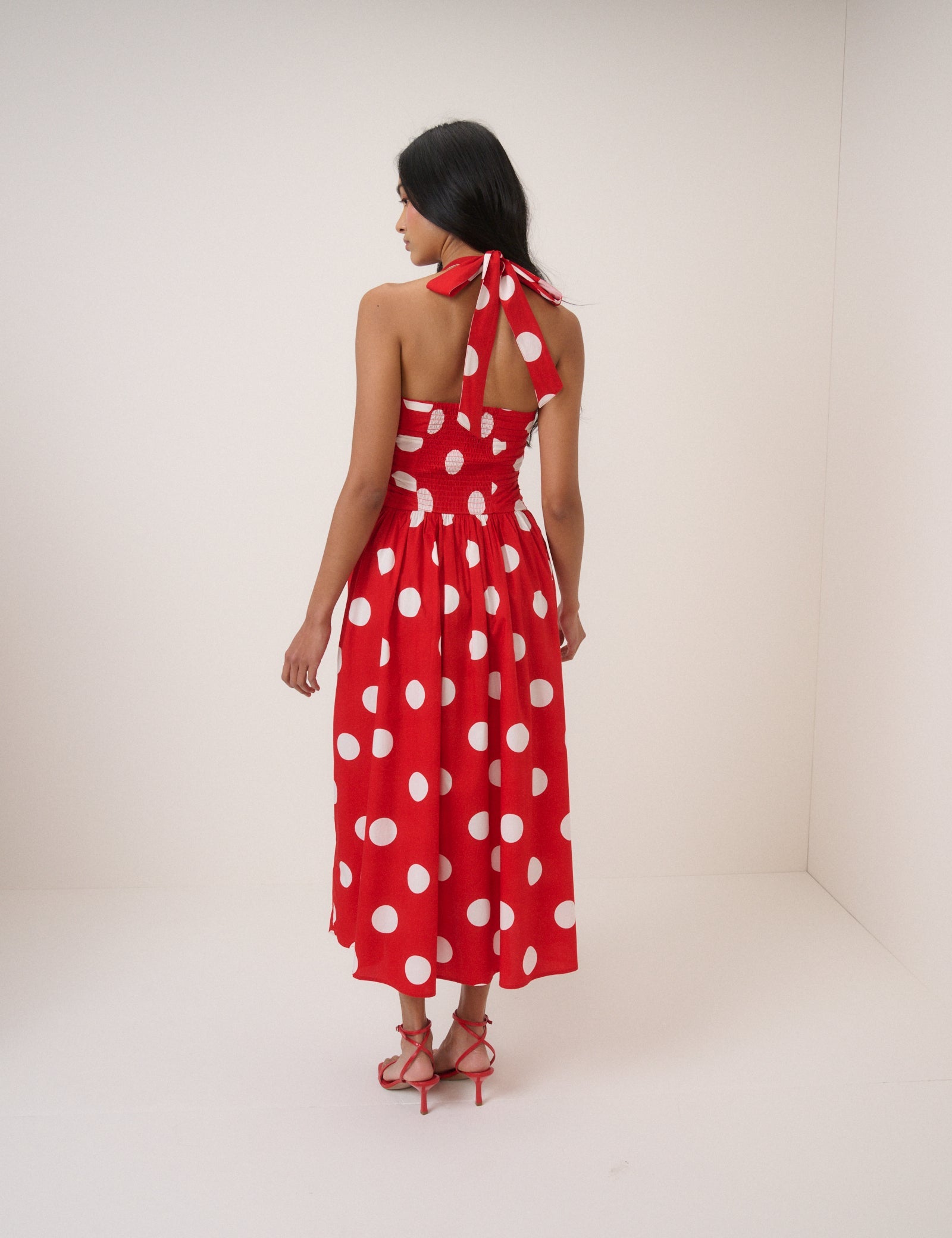 Red Polka Dot Halterneck Lilah Midi Dress