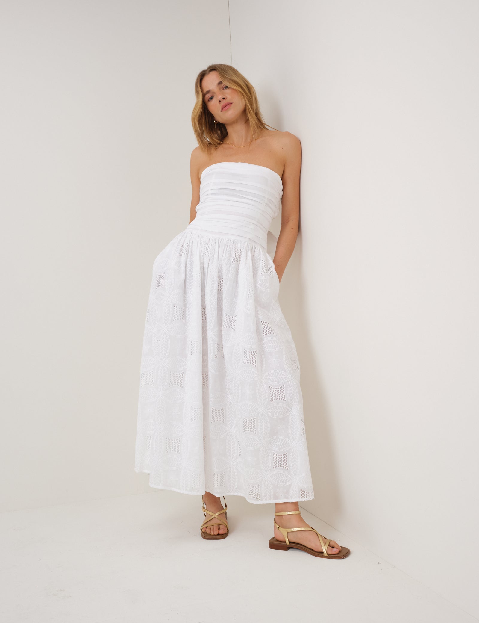 White Embroidered Bandeau Ariella Drop Waist Midi Dress