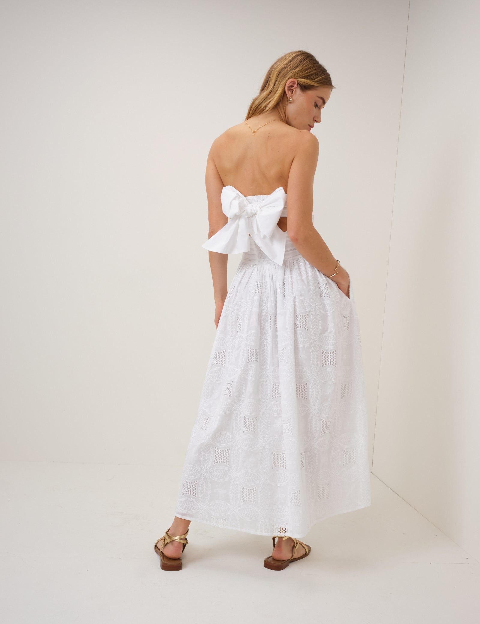 White Embroidered Bandeau Ariella Drop Waist Midi Dress