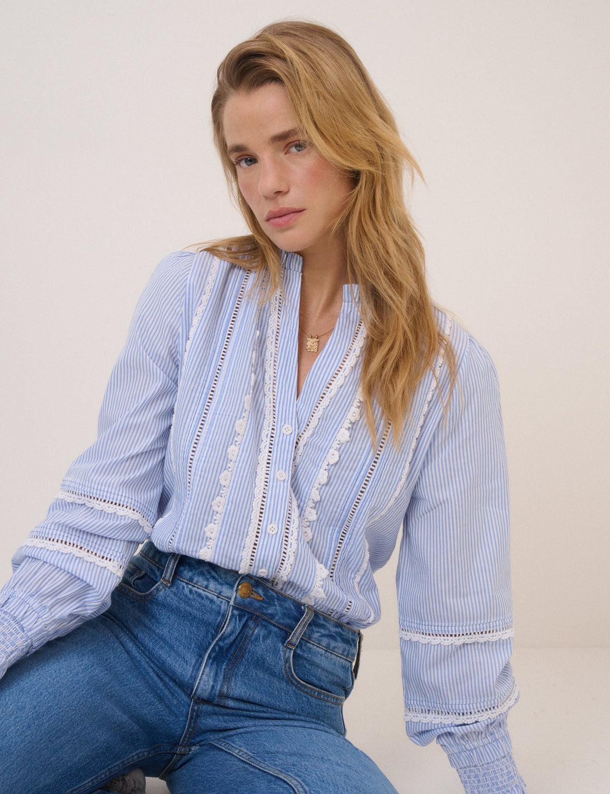 Blue Pinstripe Lace Trim Blouse