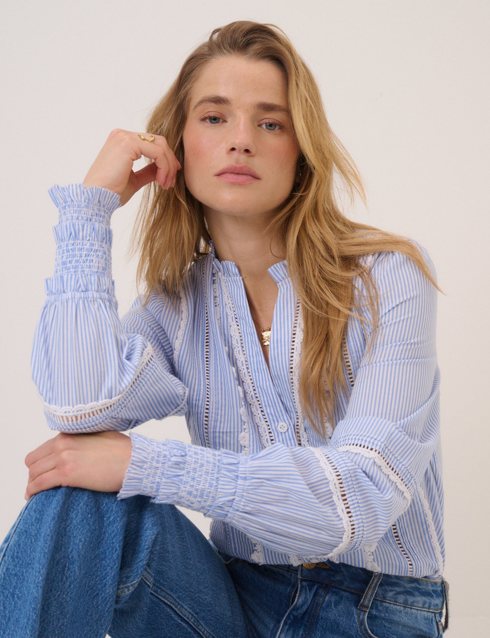 Blue Pinstripe Lace Trim Blouse