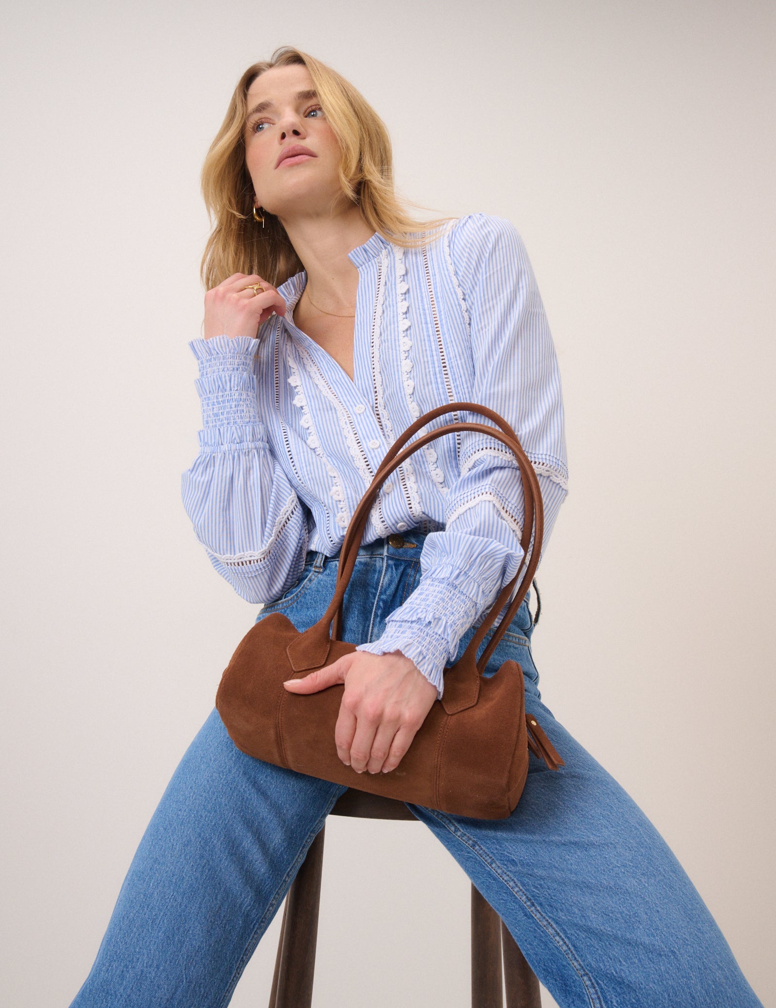 Blue Pinstripe Lace Trim Blouse